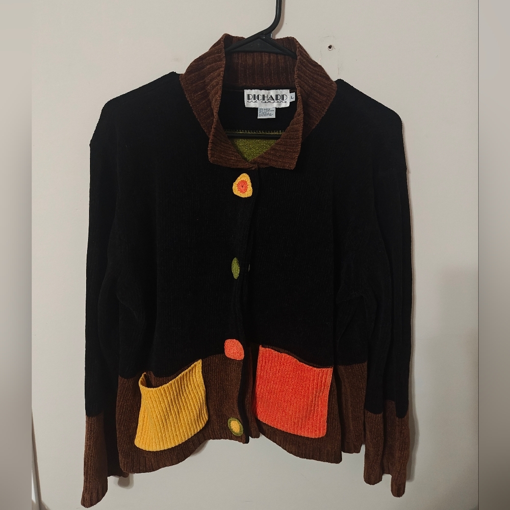 Vintage Richard & Co Cardigan Sweater  Vibrant Color Block Long Sleeve L